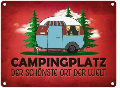 Produktbild von Campingplatz Metallschild in rot mit Wohnwagen Motiv Wohnmobil Urlaub Hobby Ort