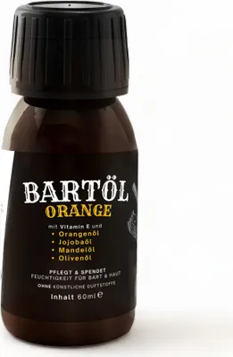 Produktbild von Bartöl Orange 60 ml – Bartpflegeöl mit Jojoba-, Mandel- & Olivenöl – Feuchtigkeit & Glanz – Bartpflege Bart Öl
