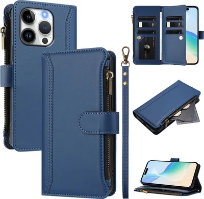 Image de Etui pour iPhone 15 Pro, zippé, étui portefeuille en cuirPolyuréthaneavec pochettes pour cartes, support et dragonne bleu