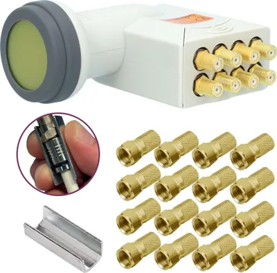 Produktbild von GSS Helios Octo LNB + 16x F-Stecker, mit LTE Abschirmung & SunProtect Schutz, Digital 8-Fach 4K HD LMB für 8 Teilnehmer, für Fernseher Sat Receiver, 8fach LNC für Sat