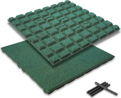Produktbild von bepco Fallschutzmatte 4er Set - (50x50cm, Grün) - Gummifliese stoßdämpfend & rutschfest, mit 16x Verbindungsstiften, aus 100% recyceltem Gummi