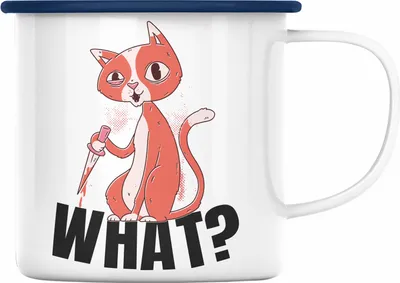 Produktbild von Trendation - What Katze Geschenk Grafik Lustige Katze Emaille Tasse (Blau)