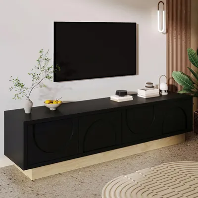 Produktbild von okwish Moderner TV-Schrank Holzmaserung mit Viel Stauraum und Kabelmanagement Fernsehbank geschwungenes Design Schwarz