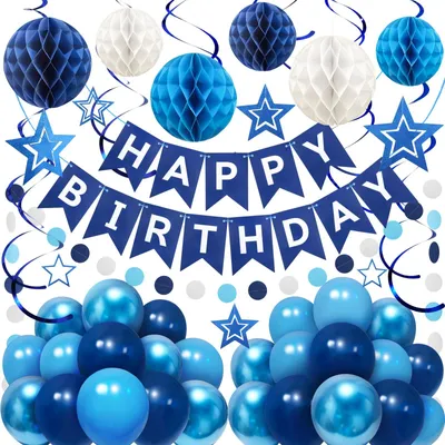 Geburtstagsdekoration, Happy Birthday-Girlande, Wabenbälle, Ballon, blau
