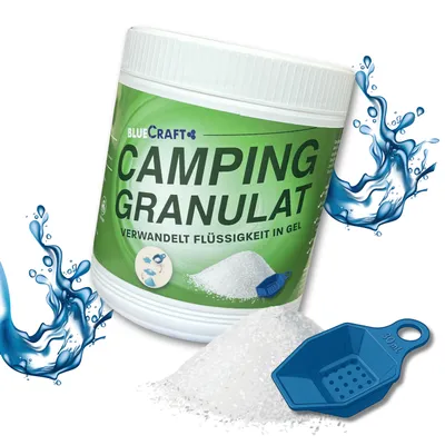 A product container of camping granulate with a scoop and water splashes.