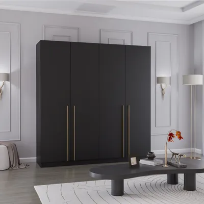 Drehtürenschrank viertürig in Schwarz/Schwarz
Breite:	200 cm
Höhe: 210 cm	
Tiefe: 57 cm
