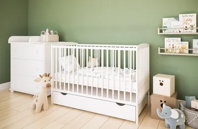 Produktbild von Babyzimmer Set mit Babybett 120cm x 60 cm und Wickelkommode, Babybett mit Matratze und Schublade aus Kieferholz, Weiss