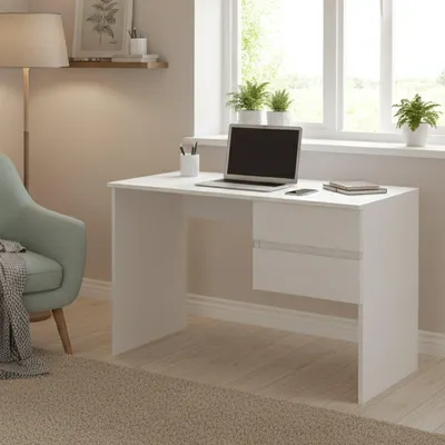 Produktbild von Schreibtisch Dbarbier, linearer Schreibtisch mit 2 Schubladen, vielseitiger und platzsparender Arbeitstisch, 100 % Italy, 110 x 53 x 76 cm, Weiß