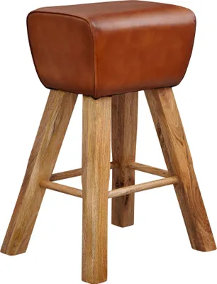 Produktbild von WOHNLING Barhocker Turnbock 43x75x43 cm Mango Massivholz / Echtleder Design Barstuhl Braun Lederhocker ohne Lehne Country Hocker Tresenstuhl