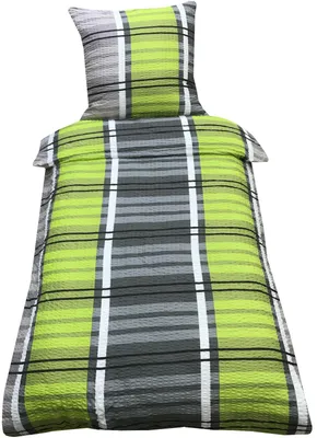 Produktbild von Bettwäsche 135x200 Seersucker Mikrofaser Bettbezug Grün Grau Gestreift, 2 tlg