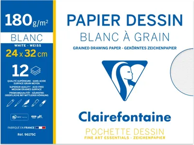 Produktbild von Clairefontaine 10x Gekörntes Zeichenpapier Pack. 12 Blatt 24x32cm weiß 96175C
