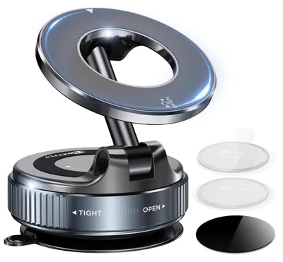 Image de Support magnétique pour téléphone compatible MagSafe, pour voiture, avec ventouse, pivotant à 360°, couleur noire