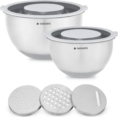 Produktbild von Navaris Edelstahl Schüssel Schale mit Deckel - 2x Rührschüssel Salatschüssel - inkl. 3x Reibe - Set Edelstahlschüssel Schüsselset in Grau