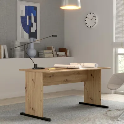 Produktbild von Forte TEMPRA 2 Schreibtisch 140 150, moderner Schreibtisch mit Kufenfüßen, Büro, Holzwerkstoff, Artisan Eiche Holzdekor, 144 cm breit x 72 cm hoch x 72 cm tief