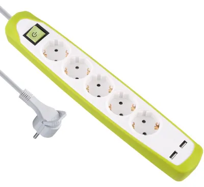 Obrázek produktu pro Electraline 62161, zásuvková lišta s 5 zásuvkami, vypínačem a 2 USB porty (2.1A), kabel 2m