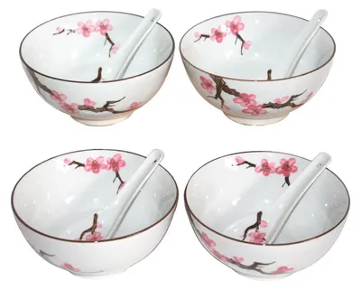 Produktbild von 774 Matcha Reisschalen 4 er Set mit 4 Löffel (8 Teile) Sakura – Kirschblüte Jumbo ø 15 cm