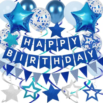 Produktbild von Geburtstagsdeko Set Blau Weiß Happy Birthday Girlande Stern Luftballons Wimpelkette