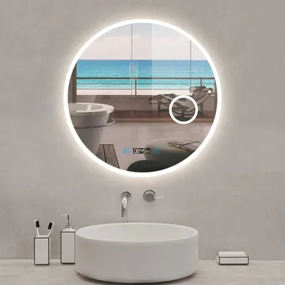 Image de Miroir de salle de bain rond 60cm LED, horloge + loupe + anti-buée + mémoire + dimmable