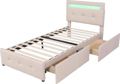 Produktbild von Flieks Polsterbett 90x200cm, Kinderbett mit Schubladen und Lattenrost, Jugendbett Einzelbett mit Led, Holzbett für Damen Kinder Jugend, Leinen, Beige