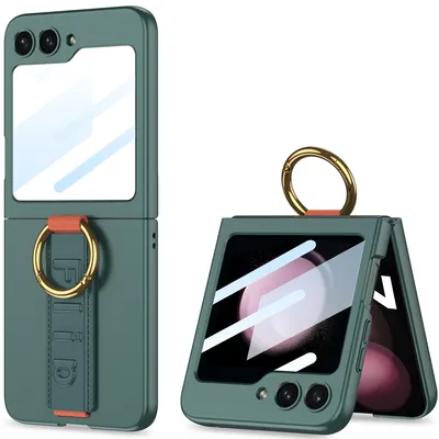 Obrázek produktu pro Pouzdro pro Samsung Galaxy Z Flip 5 Tvrdé PC pouzdro s ochranou displeje, popruhem a kroužkovým držákem zelené
