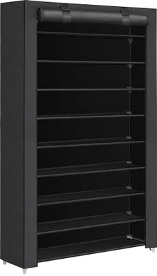 A tall, black, ten-tier shoe rack is shown in front of a white background.
