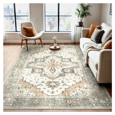 Produktbild von Waschbarer Teppich im Vintage-Stil für Wohnzimmer und Schlafzimmer, rutschfest für Badezimmer und Esszimmer, Taupe Grau, 120x170cm