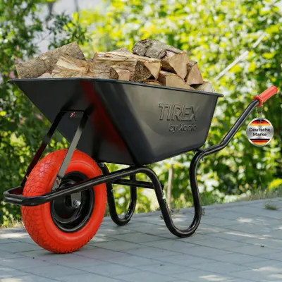 Produktbild von TIREX by xonic® Schubkarre mit Stahlfelge – Verzinkte Wanne bis 250kg/ 100l  PolyurethanPU Rot Schwarz