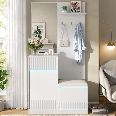 Produktbild von Merax Garderobe Set mit LED Beleuchtung, Flurgarderobe Set mit Schuhschrank, Garderobenschrank mit Schuhbank, Spiegel, Schuhkipper, Eingang, Weiß