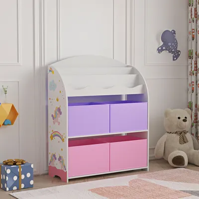 Produktbild von Detský regál "Orust" so 4 úložnými boxmi s motívom jednorožca