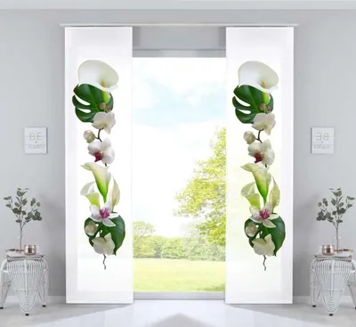 Produktbild von 2er Set Schiebevorhänge Bedruckt Flächenvorhänge »Izmir« HxB 245x60 cm Orchidee Weiß Microsatin Blickdicht Lichtdurchlässig mit Paneelwagen, 2022400B-2