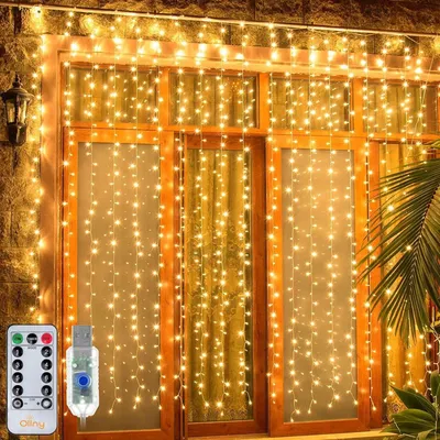 Immagine prodotto di KRUMAD Tenda luminosa a LED 3x3m - 300 LED bianchi caldi con telecomando e USB - 8 modalità e funzione dimmer - tenda per luci fiabesche da interno