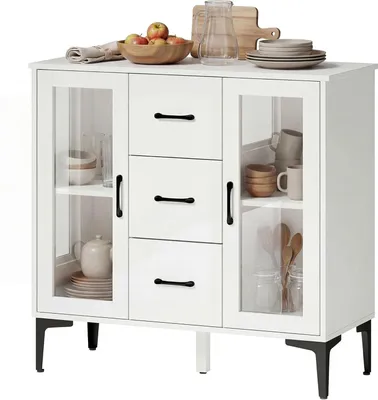 Obrázok produktu pre Komoda – Skrinka – Úložná skrinka – Skriňa – Komoda s policami – Moderný, elegantný dizajn – 3 zásuvky a 2 sklenené dvierka