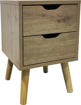 A wooden nightstand with two drawers and four tapered legs, shown against a white background.