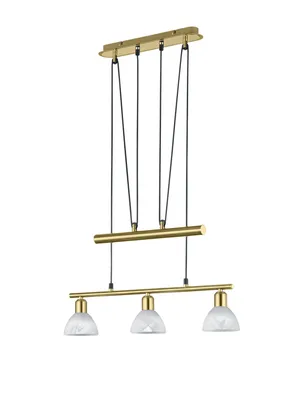 A modern pendant light with three glass shades and a gold-toned metal frame, suspended by black cords against a white background.