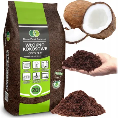 A collage of images showing a bag of coco peat, loose coco peat in a hand and on a pile, and coconuts.