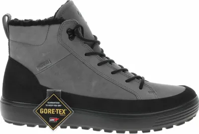 A single grey and black boot with a GORE-TEX tag attached.