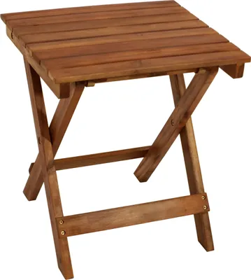 A wooden folding side table against a white background.