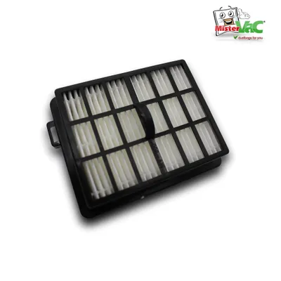 A vacuum cleaner filter is shown on a white background with a logo in the top right corner.