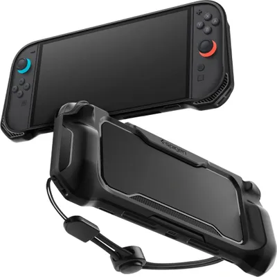A black protective case for a Nintendo Switch is shown, with the console inserted in the top image and the case alone in the bottom image.