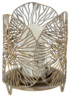Produktbild von Teelichthalter aus Metall, durchbrochen in Gold, 13 x 13 x 16 cm