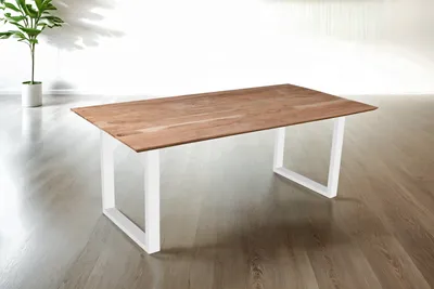 Produktbild von Esstisch 180x90 cm Akazie massiv eichenfarben schweizer Kante U-Gestell weiß DEAN