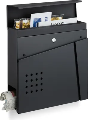 Image de Boîte aux lettres Relaxdays avec compartiment à journaux, fenêtre de visualisation, dimensions 37 x 37 x 11 cm, 2 clés, acier, boîte aux lettres moderne, noir