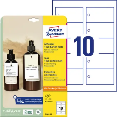 Produktbild von Avery Zweckform T1001-10 Anhänger, 90 x 50 mm, beidseitig beschichtet, 100 Stück / 10 Bogen
