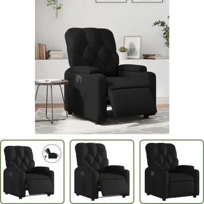A collage of images showing a black recliner chair in different positions and angles, with a small inset image showing a power plug icon.