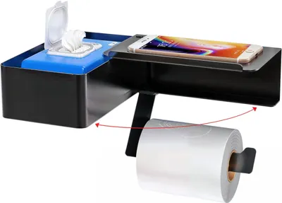 Image de Porte-papier hygiénique sans perçage, porte-papier hygiénique en acier inoxydable 304, porte-papier hygiénique noir avec compartiment pour lingettes humides, porte-papier hygiénique noir autocollant