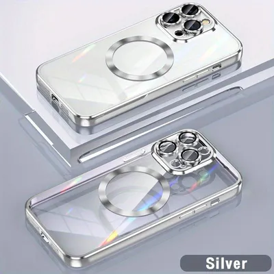 Two views of a silver and clear phone case with a magnetic ring, displayed on a light gray and white surface.