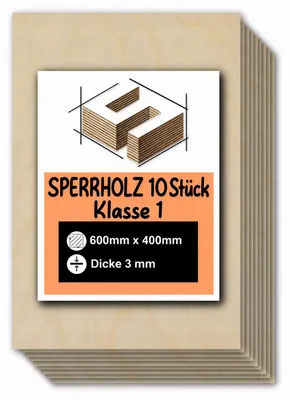 Produktbild von Birkensperrholz für Laserschnitt und Gravur, 3 mm, 400 x 600 mm, 10 Stück, Klasse 1/2