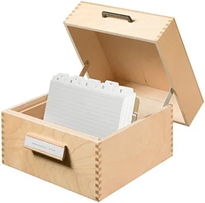 Produktbild von PolkaHome® Holz-Karteikasten DIN A5 Querformat, Hochwertig, mit Beschriftungsfeld, Metallstütze und Boden, für 900 Karteikarten