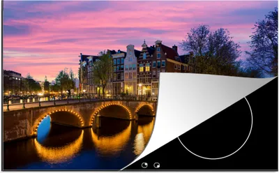 Produktbild von KitchenYeah© Herdabdeckplatte Amsterdam - Nacht - Gracht , 80x52cm, Küche Deko, Glaskeramikkochfeld Herdabdeckung, Abdeckplatte fùr Kochfeld