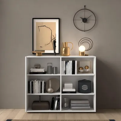 Produktbild von Dmora Sideboard Lucito 121x44x114h cm Hochglanz Weiß, 4 Regalböden, 6 Fächer